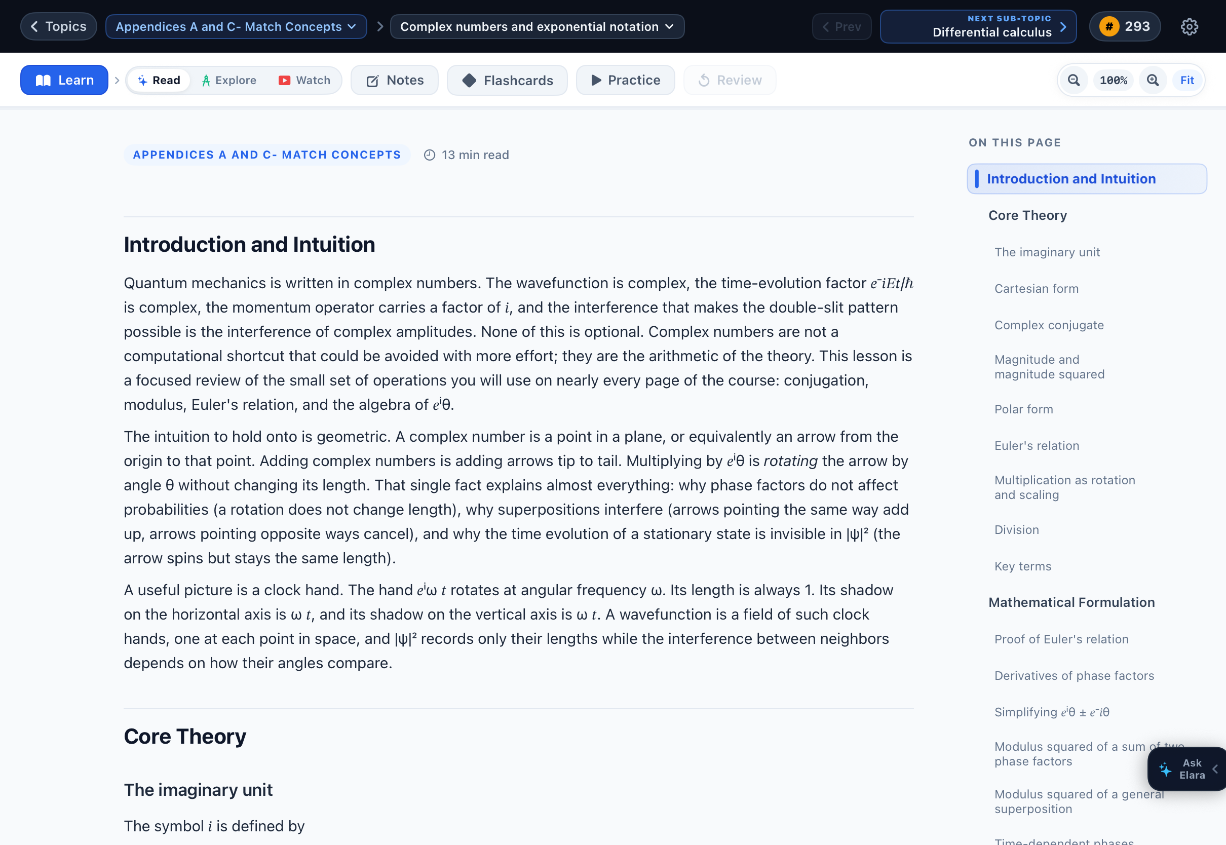 Elara iPad App: In-depth Concept Reader with estimated read times, core mathematical theory, LaTeX notation, sticky On This Page table of contents, and floating Ask Elara button