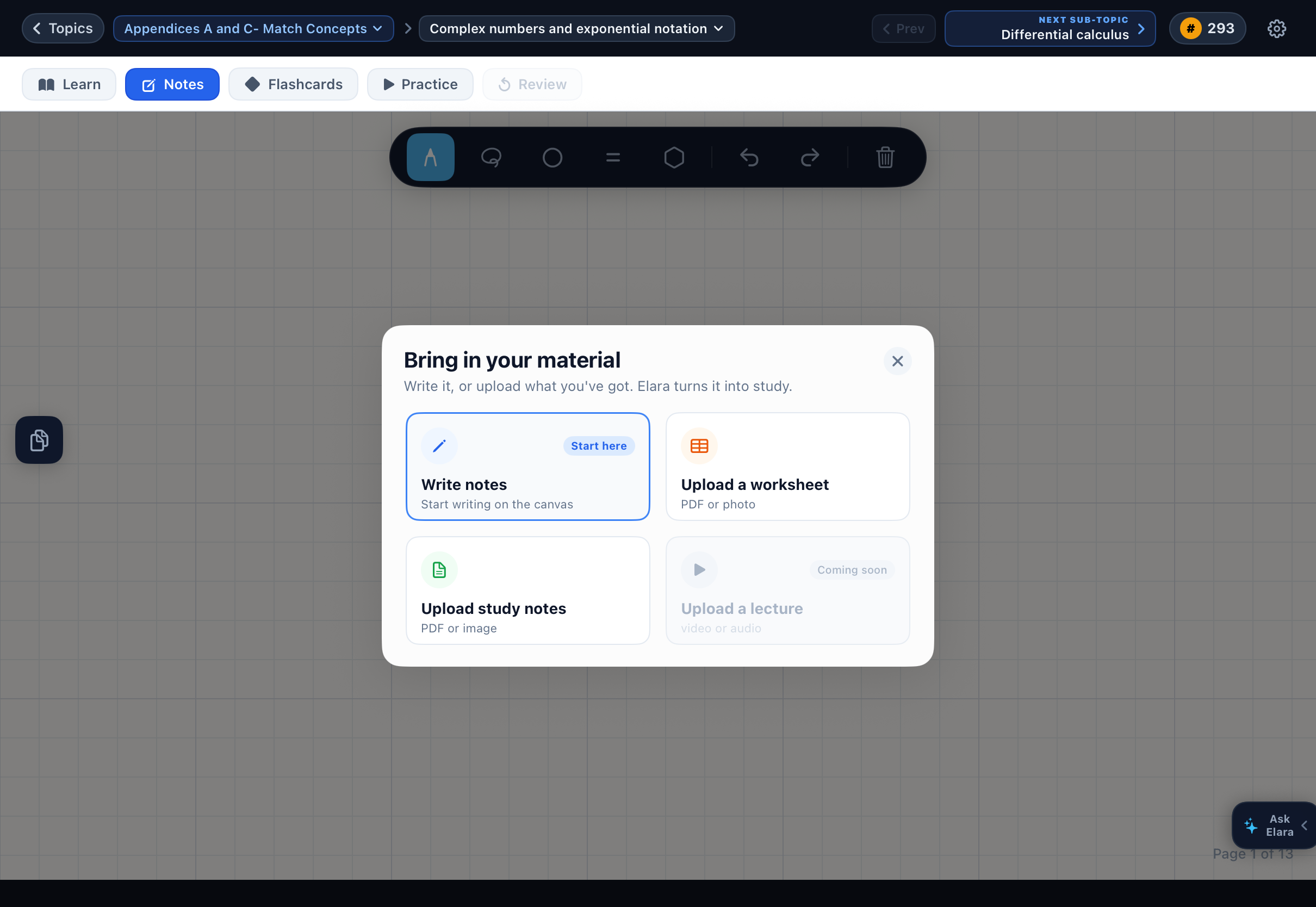 Elara iPad App: Bring in your material dialog offering Write Notes, Upload a worksheet (PDF or photo), Upload study notes, and Apple Pencil floating toolbar