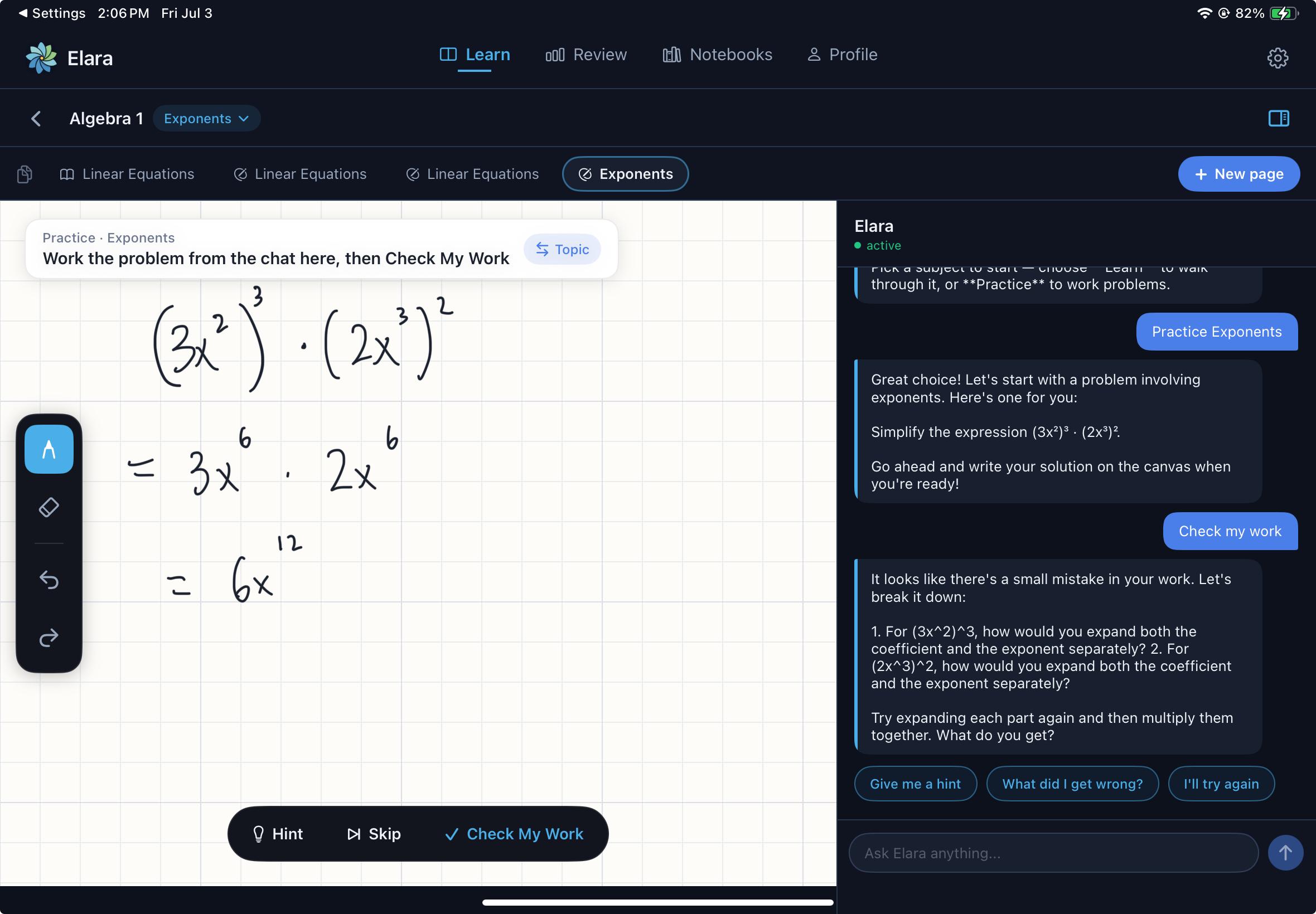 Elara catching a mistake in a handwritten math solution and asking a guiding question instead of marking it wrong