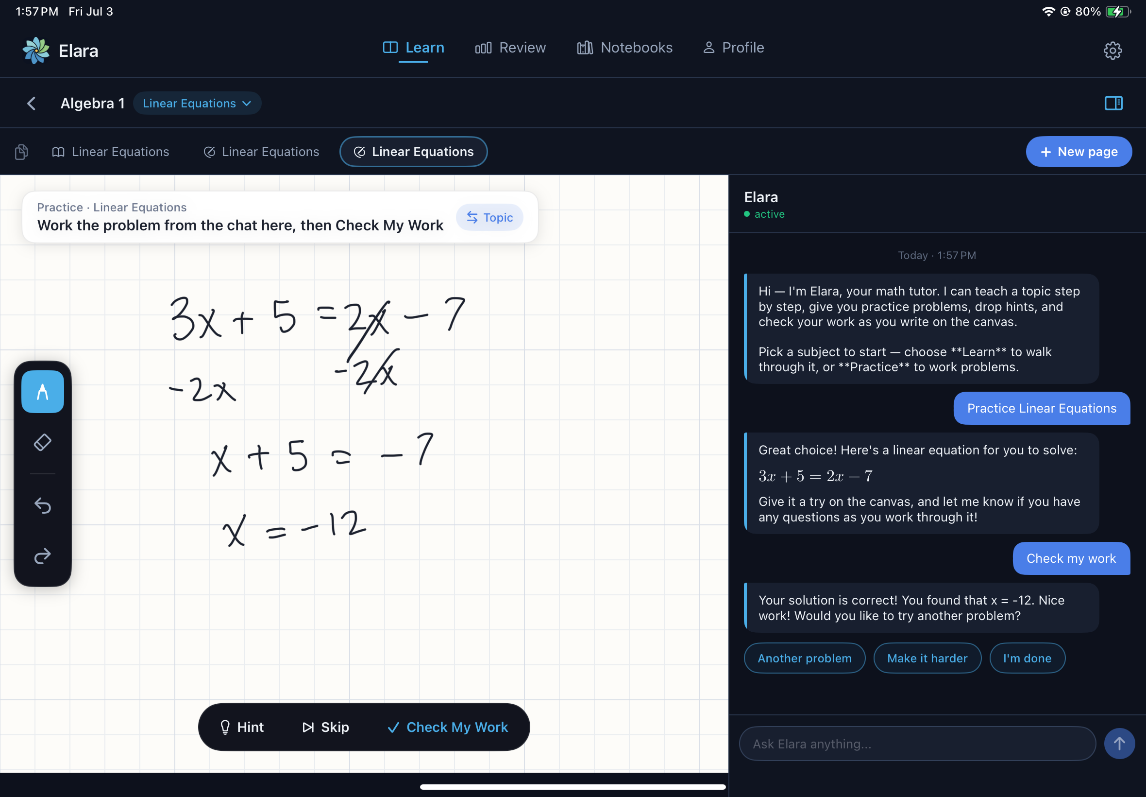 A handwritten linear equation solution, 3x + 5 = 2x − 7 solved to x = −12, recognized on the Elara canvas