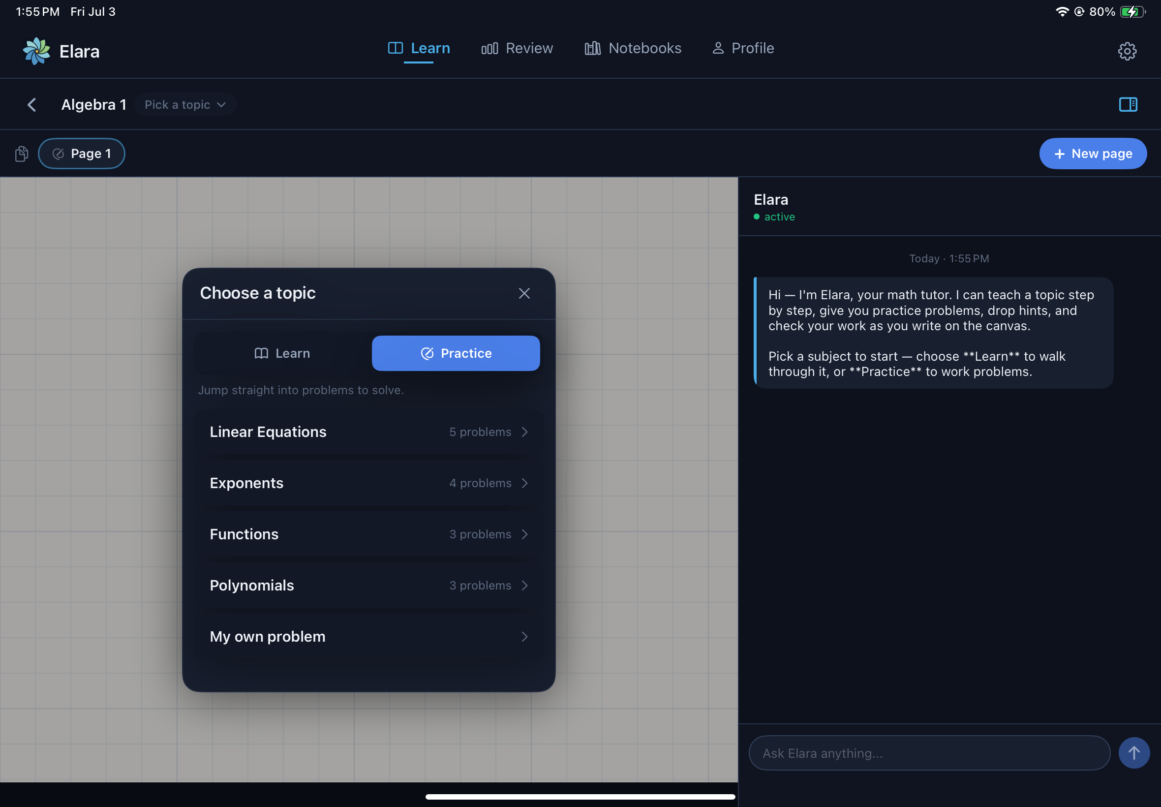 Elara's Choose a topic dialog with a Learn / Practice toggle set to Practice and a list of Algebra topics: Linear Equations, Exponents, Functions, Polynomials, and My own problem