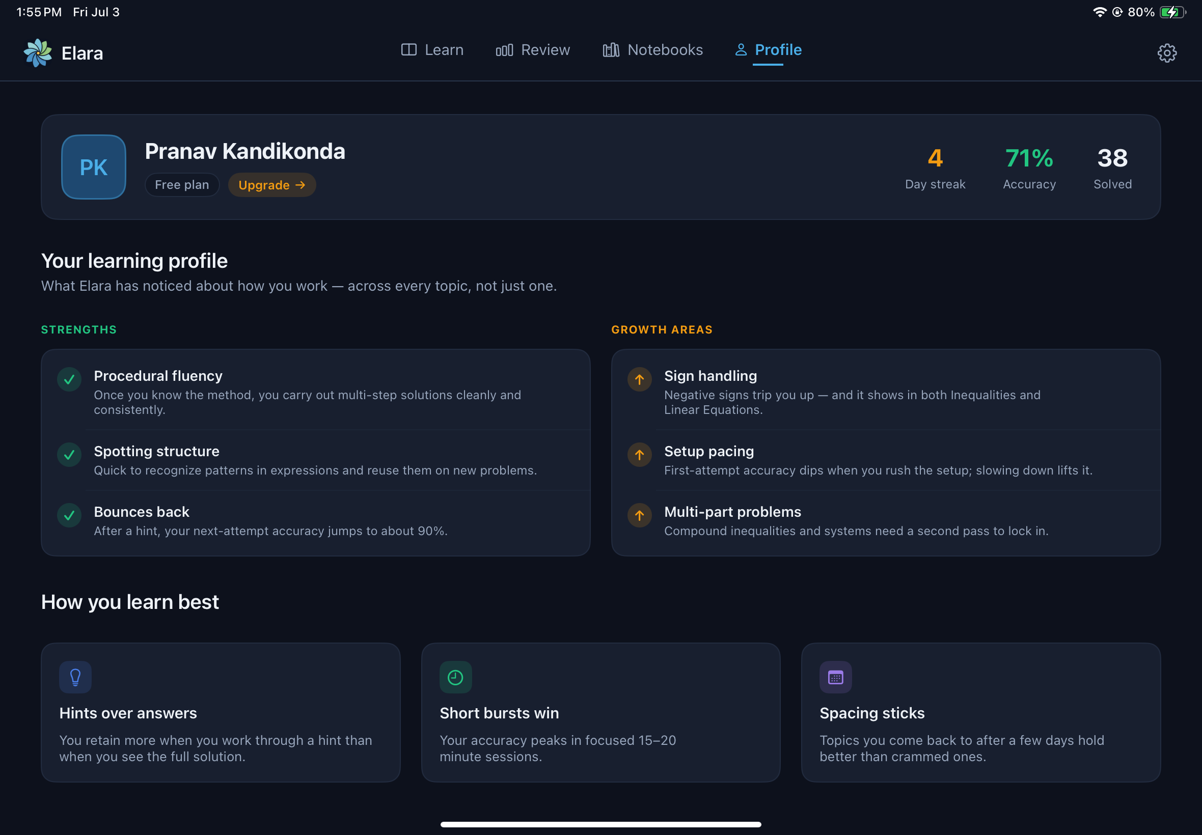 Elara's Profile screen showing a personalized learning profile with Strengths like procedural fluency, spotting structure, and bouncing back after a hint, plus Growth areas like sign handling, setup pacing, and multi-part problems, and how the student learns best