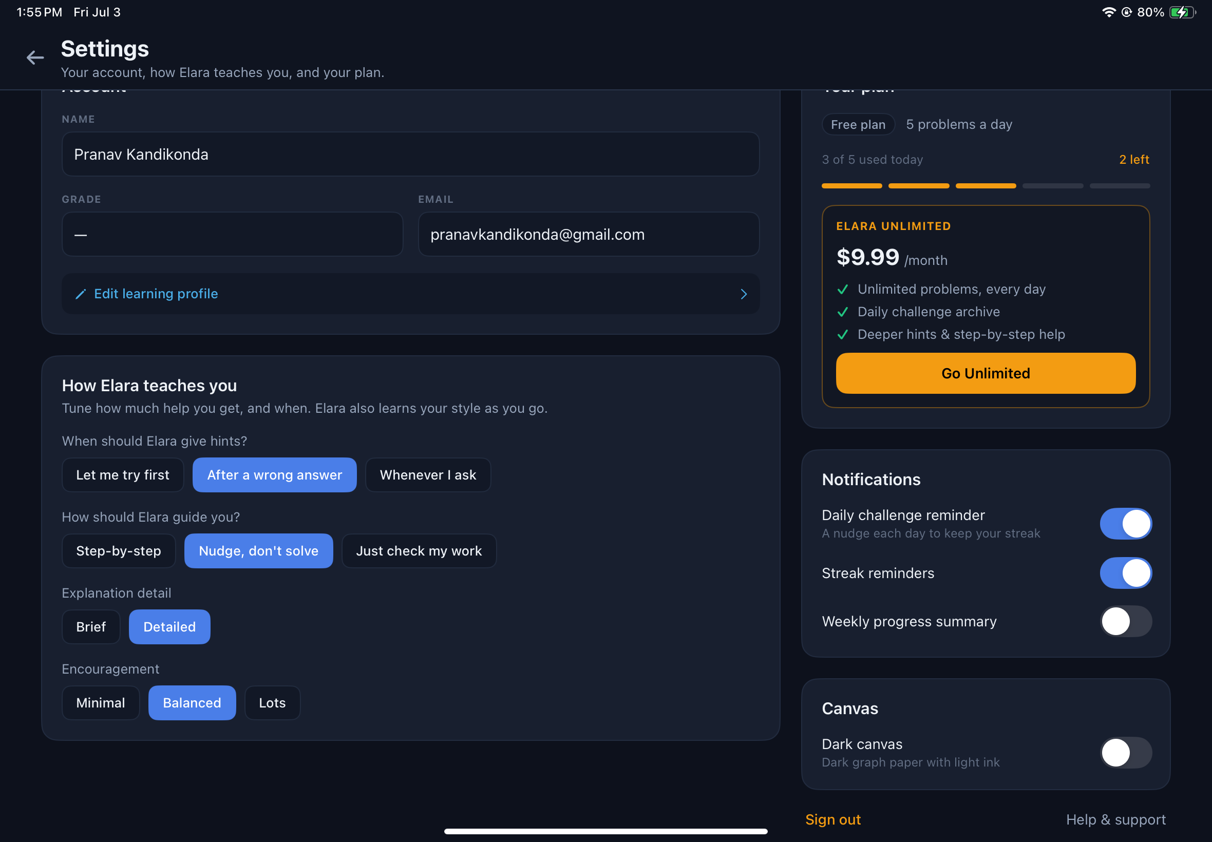 Elara's Settings screen with a How Elara teaches you section, where the guidance style Nudge, don't solve is selected alongside hint-timing and explanation-detail options